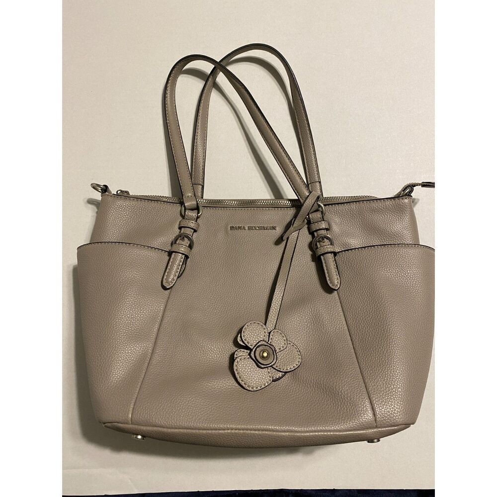 Dana Buchman Grey Handbag Optional Long Strap Zip Close Flower Charm - Picture 1 of 16
